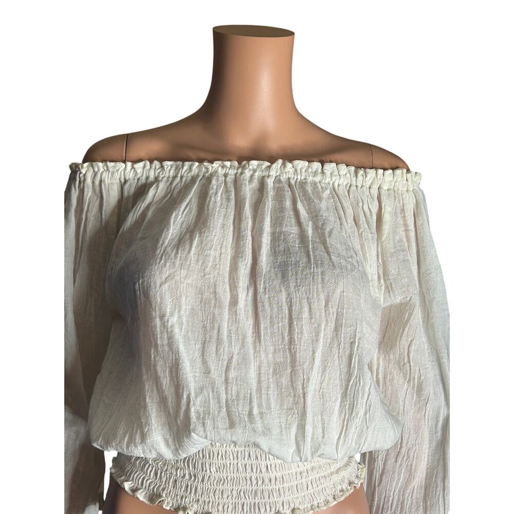 NWT Elan white gauze off shoulder blouse beach boho collection smocked waist